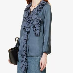 Khaite Tiana ruffled-trim woven top Ruffle Front Long-Sleeve Blouse - Slate Blue